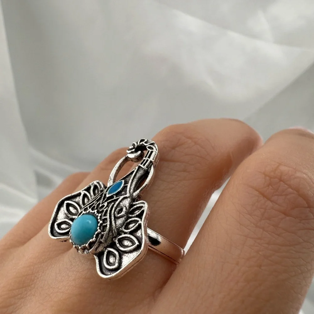 Boho Silver Elephant Ring with Blue Accents
